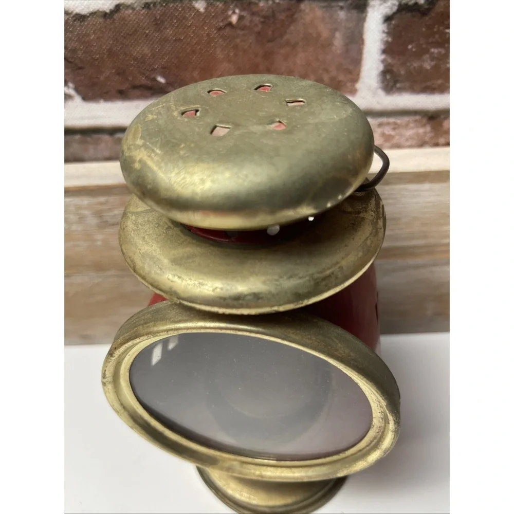 Vintage Red Brass Railroad Lantern Collectible Tea Candle Holder